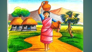 How to draw a hillside village scenery with oil pastels/village women drawing