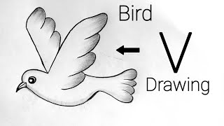 How to draw a Flying bird (Dove) Easy drawing step by step//Flying bird from letter V.