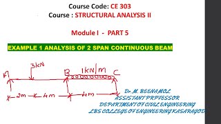 ANALYSIS OF 2 SPAN CONTINUOUS BEAM USING THREE MOMENTS CE 303 STRUCTURAL ANALYSIS II MODULE 1 PART 5