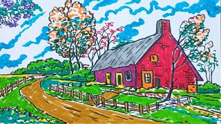 How to Draw a Dreamy Countryside Home. How to Draw a Colorful Rural Cottage | Easy Step-by-Step Art.