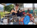 The genius girl repairs and maintains the cassava spinning machine.