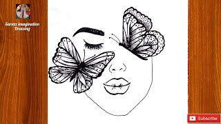 How to draw a girl face with butterflies || easy  butterfly drawing