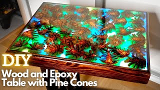 Wood and Epoxy Resin table with Pine Cones and LED