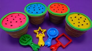Learn 4 Colors Play Doh in Ice Cream Cups and Dinosaur Molds |Pj Masks Toys ,Kinder Joy egg