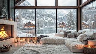 Cozy Winter Room 4K ❄️ Snowfall, Fireplace, and Smooth Jazz by the Lakeside