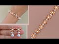 DIY Beaded Star Bracelet and Beaded Earrings Set with Pearls and Seed Beads. Beading Tutorial