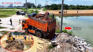 Full Video! Processing Filling Up The Land huge, Bulldozer KOMATSU D31P, Dump Truck 5Ton Unloading