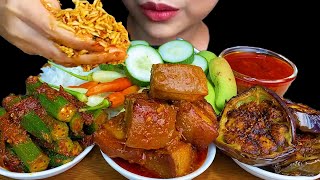 Spicy Pork Belly, Spicy Lady Finger Curry, Fried Eggplants * MUKBANG SOUNDS *