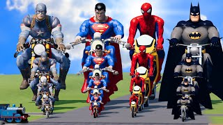 Big & Small: Spiderman vs Superman vs Batman vs Captain America on a motorcycle