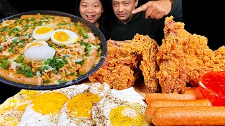 Eating Cheesy Spicy Noodles With Crispy Fried Chicken | Eating Noodles, Chicken \u0026 Sausage | Mukbang