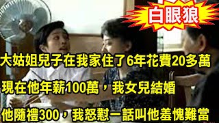 大姑姐兒子在我家住了6年花費20多萬，現在他年薪100萬，我女兒結婚，他隨禮300，我怒懟一話叫他羞愧難當