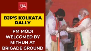 PM Modi Takes Stage At Kolkata's Brigade Parade Ground, Mithun Chakraborty Welcomes PM