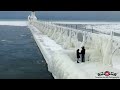 St. Joseph MI Stunning Frozen Lighthouse & Pier Must See Ice Sculptures 4K Drone Footage