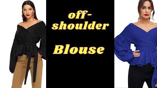 SheIn Women's Long Sleeve V Neck Ruffle Blouse Off Shoulder Tie Waist Wrap Tops