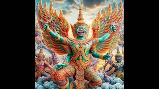 AI prompt: Cambodia Multicolored Garuda figure with elaborate Cambodia traditional costume