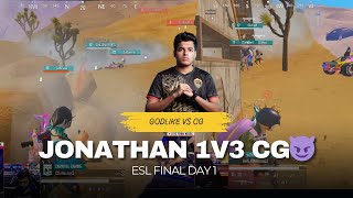 Jonathan 1v3 CG 😱 | ESL Finals Godlike Vs CG | BGMI Snapdragon Mobile Challenge Finals Day 1 |#bgmi