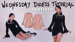 Sewing PATTERN \u0026 Tutorial: Collared Flounce Sleeve Mini Dress // Wednesday Addams Inspired🕷️