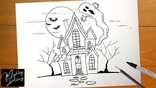 How to Draw Haunted House - Halloween Stuff Drawing