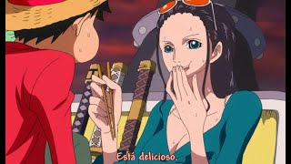 Nico Robin dando de comer a Luffy