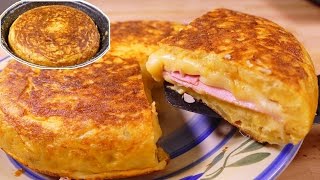 como hacer la tortilla española de patatas ¡FAMOSÍSIMA y rellena con jamon y queso!
