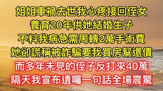 姐姐車禍去世我心疼接回侄女，養育20年供她結婚生子，不料我病急需周轉2萬手術費，她卻謊稱被詐騙要我買房幫還債，而多年未見的侄子反打來40萬，隔天我宣布遺囑一句話全場震驚