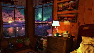 Northern Lights in the Winter Village | Blizzard Sounds \u0026 Fireplace for Sleep