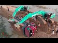Unexpected​ Dumper Truck Fall Down Fails Operators Helping Recovery With Kobelco SK26lc And Sk200
