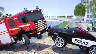 Fire Truck Frank Stuck in a Mud but Police Car Lucas pushes it out