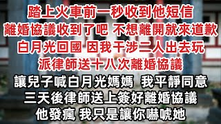 踏上火車前一秒收到他短信 離婚協議收到了吧 不想離開就來道歉 白月光回國 因我干涉二人出去玩 派律師送十八次離婚協議 讓兒子喊白月光媽媽 我平靜同意 三天後律師送上簽好離婚協議 他發瘋我只是讓你嚇唬她