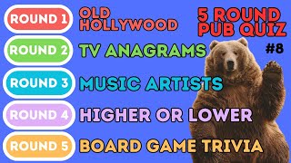 The 5 Round Pub Quiz | Old Hollywood, Tv Anagrams, Musicians, Higher or Lower, Board Game Trivia (8)