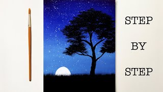 Easy Night Sky for Beginners | Acrylic Painting Tutorial Step by Step ( ENG SUB )