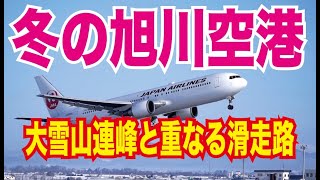 2020冬の旭川空港、大雪山連峰と重なる滑走路。国内線の離発着。