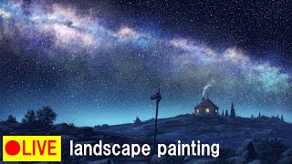 Landscape painting LIVE　夜の岩場と山小屋を描く生配信　※後半は岩の描き方ライブ解説してます