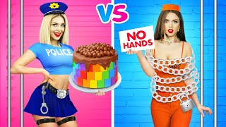 NO HANDS VS 2 HANDS VS 1 HAND CHALLENGE! How to Eat Food Without Hands in Real Life 24 HRS by RATATA