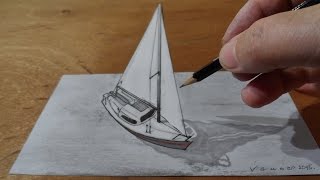 Drawing  Sailboat, 3D Trick Art on Paper