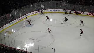 Montreal Victoire's Ann-Renée Desbiens makes a big save vs. Ottawa Charge's Savannah Harmon PWHL