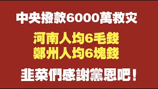 中央拨款6000万救灾，河南人均6毛钱，郑州人均6块钱。韭菜们感谢党恩吧！2021.07.22NO859#暴雨#河南#郑州