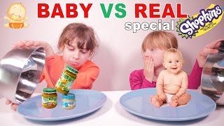 BABY VS REAL FOOD CHALLENGE special SHOPKINS • Petit pot ou Shopkins saison 6 - #SBT