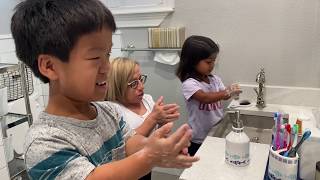 Practicing good hand-washing with Dr. Jen, Will and Zoey.