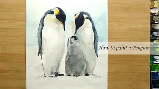 How to paint a penguin in watercolor. 수채화로 펭귄가족 그리기