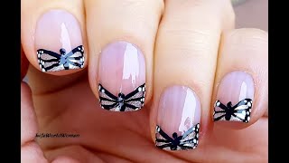 BUTTERFLY FRENCH MANICURE / Elegant Black & Gold NAIL TIPS