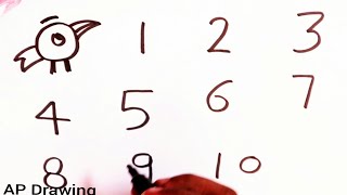 How to draw using number 0 to 10 cartoon drawing birds - step by step for kids learning drawing