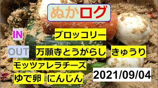 【ぬか漬け記録 21/09/04 】　モッツァレラチーズ  にんじん  万願寺とうがらし  ゆで卵  きゅうり