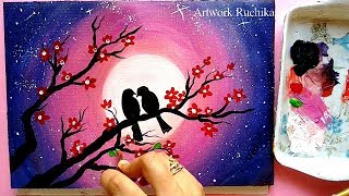 Easy Painting for Beginners | Moonlight Love Bird Painting | Acrylic Painting Tutorial