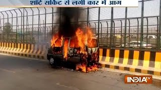 Narrow Escape for Two as Car Catches Fire in Ghaziabad