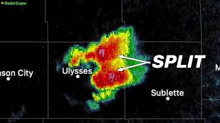 Splitting supercell thunderstorm in Satanta, Kansas produces a brief tornado in ! (July 1st 2020)