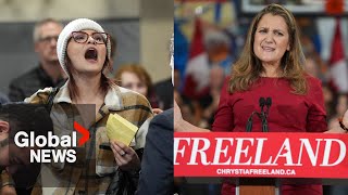 Protesters interrupt Freeland’s official campaign launch for Liberal leader