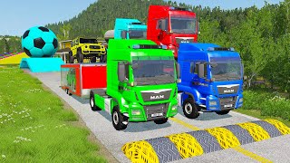 Double Flatbed Trailer Truck vs Speedbumps Train vs Cars | Tractor vs Train Beamng.Drive 065