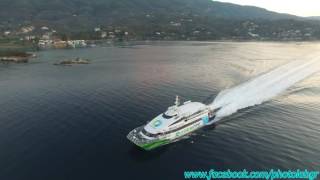 Aerial (drone) video - Flyingcat 5 leaving Poros !