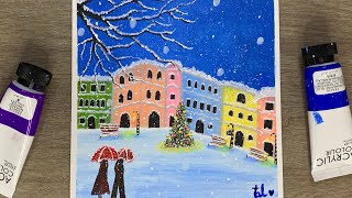 A Couple Walking in the Night Winter / Acrylic Painting for Beginners